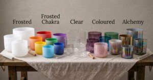 Side-by-side comparison of frosted, clear, coloured, and alchemy crystal singing bowls.