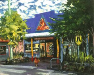 Colourful mural painting on the Nimbin Environment Centre building facade, New South Wales.